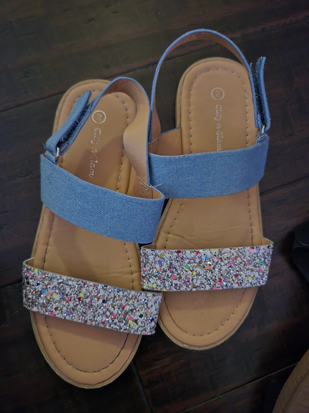 Girls Denim Blue Sandals with Multicolor Glitter Strap